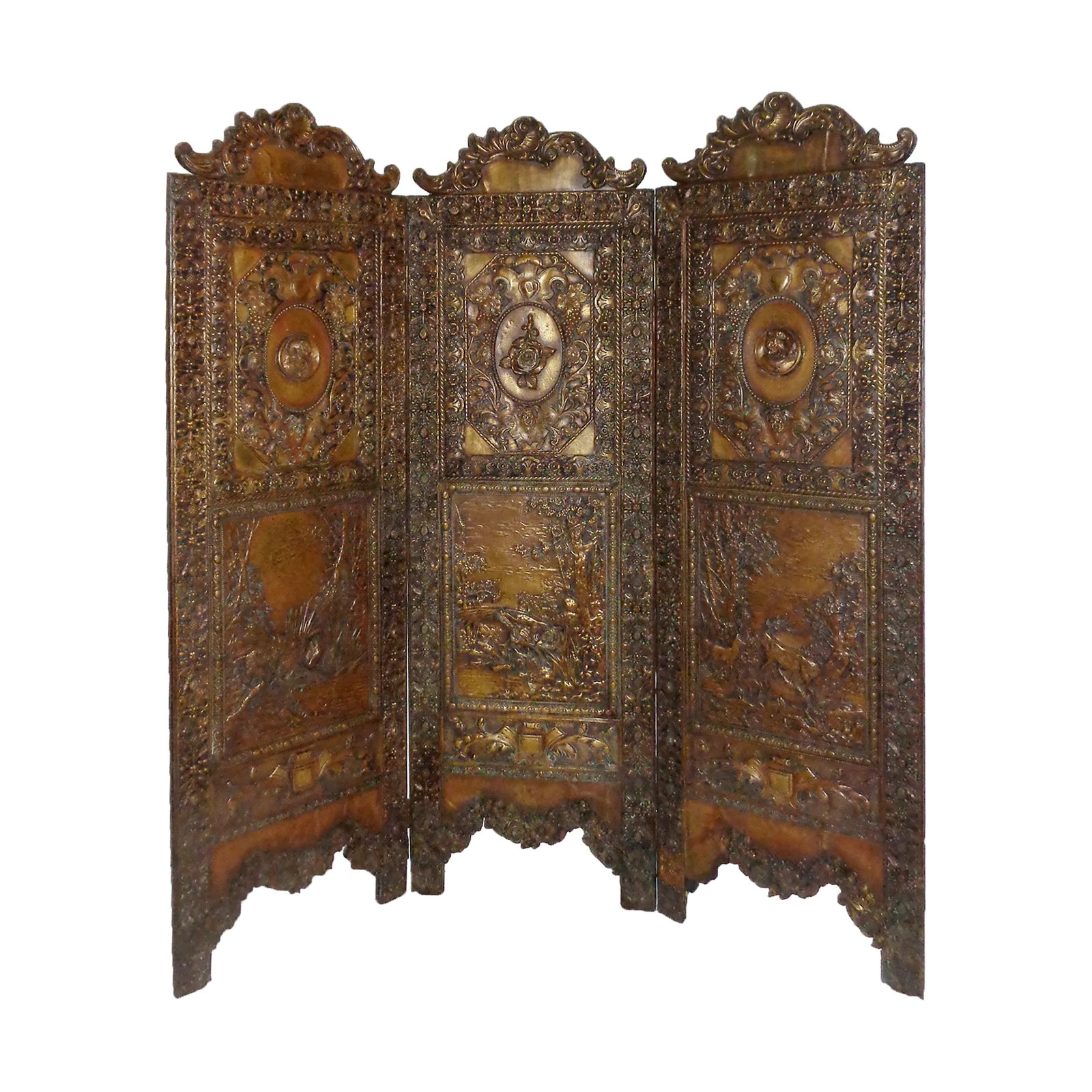 Folding Screen - Tudor Revival Style Brass Repousse (1 of 9)