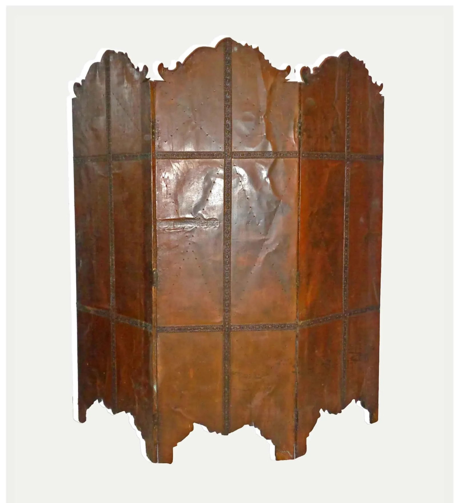 Folding Screen - Tudor Revival Style Brass Repousse - 2