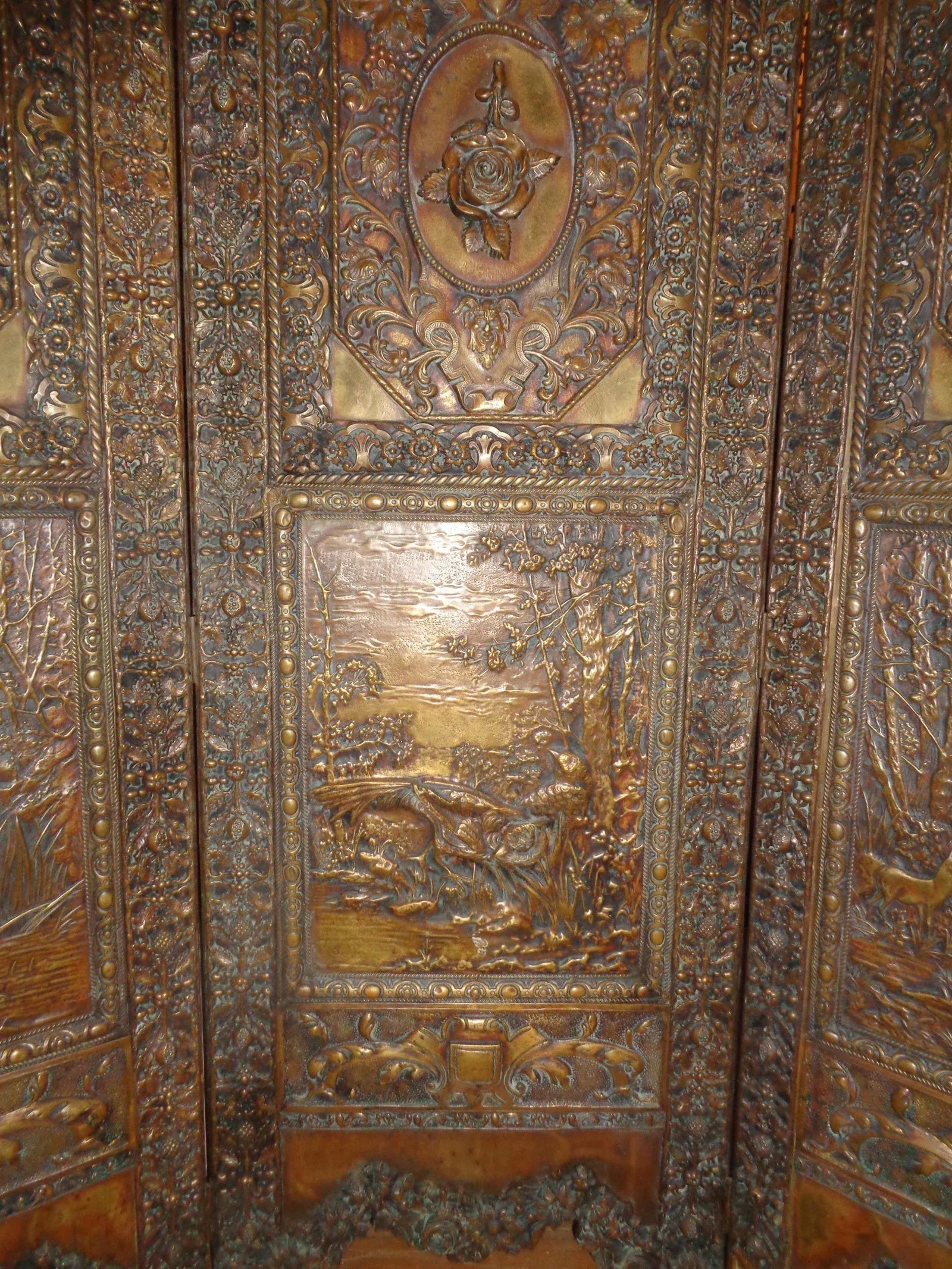 Folding Screen - Tudor Revival Style Brass Repousse - 4