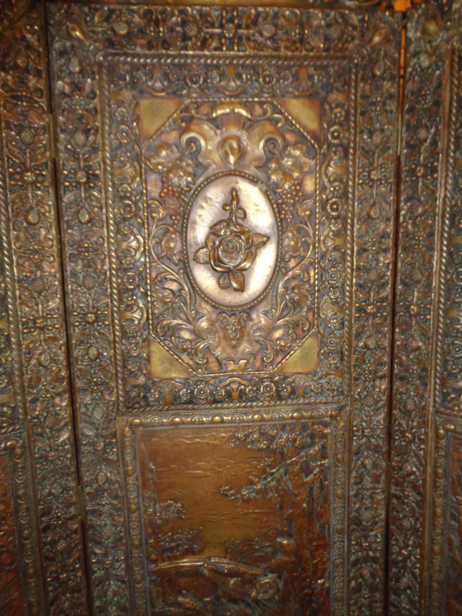 Folding Screen - Tudor Revival Style Brass Repousse - 5