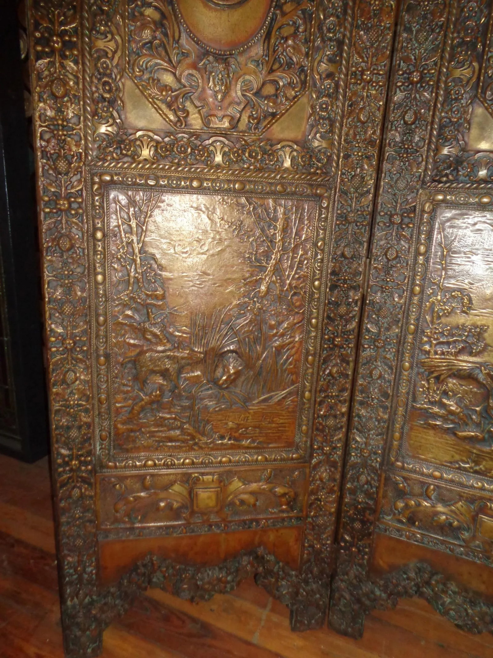 Folding Screen - Tudor Revival Style Brass Repousse - 6