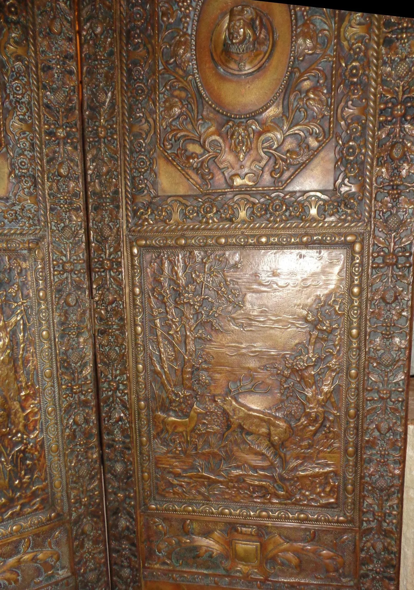 Folding Screen - Tudor Revival Style Brass Repousse - 7