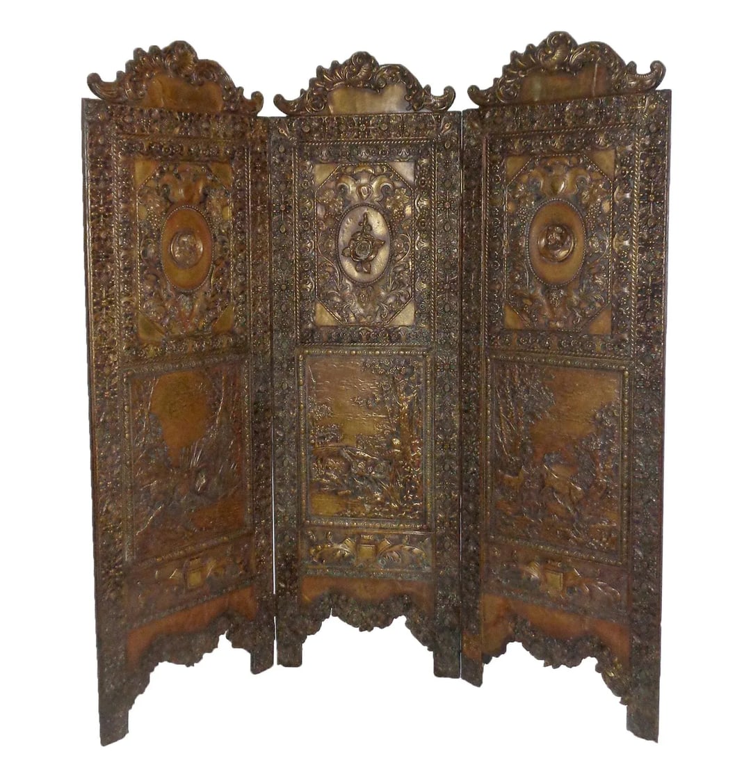 Folding Screen - Tudor Revival Style Brass Repousse - 9