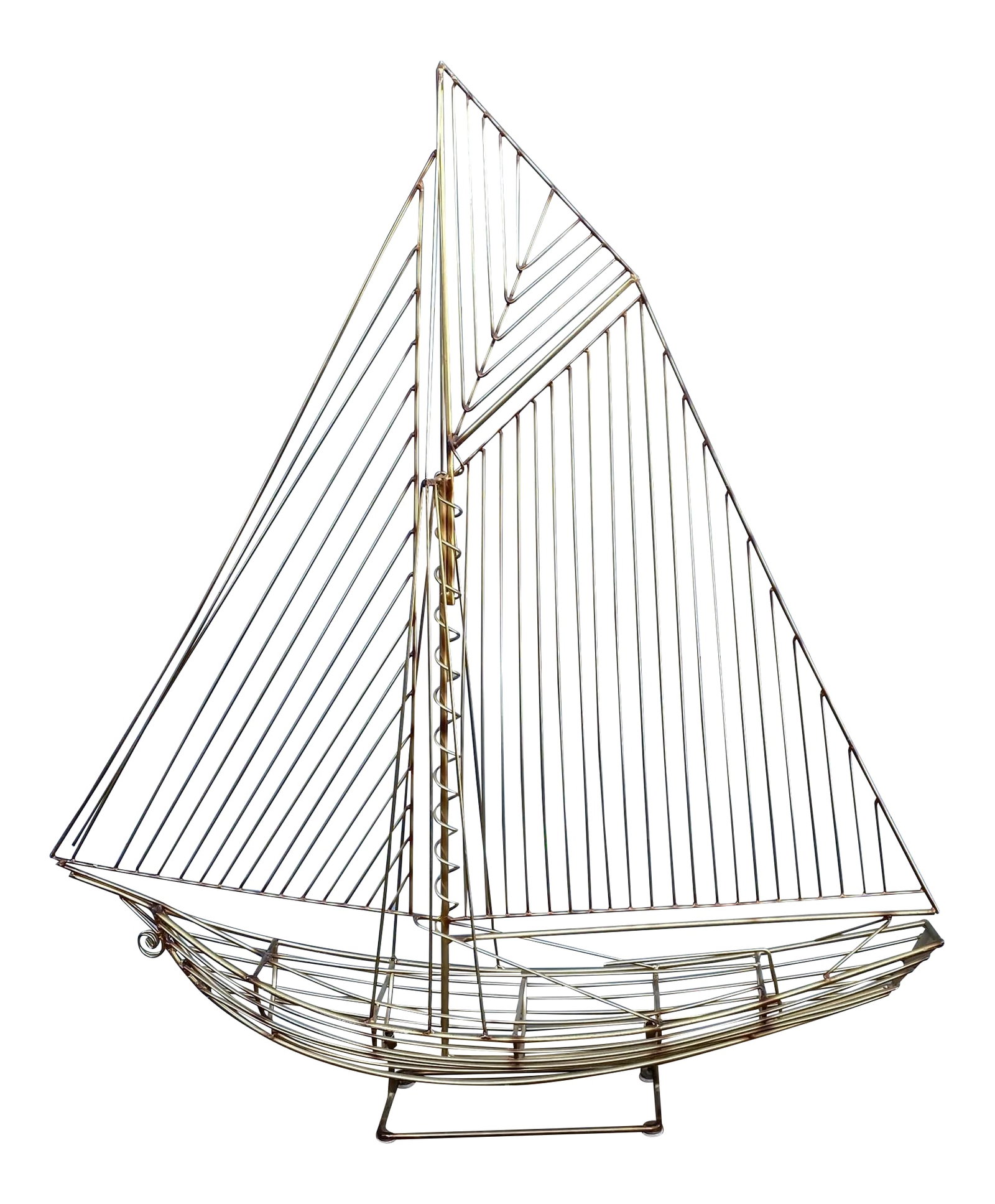1982 Curtis Jere Free Standing Metal Wire Sailboat Ship Sculpture: This is a wonderful free stand wire ship It is a brass patinated metal, sculpture by the Curtis Jere workshop. The piece is signed and dated 1982. Condition is excellent. Circa: 1982. Dimensions: Heig