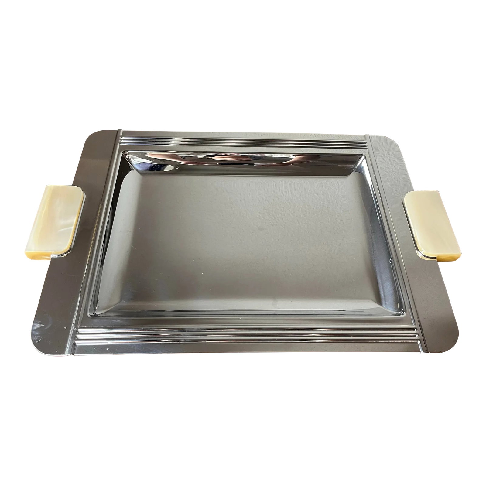 Late 20th Century Jean Couzon Art Deco Style Serving Tray With Mother of Pearl-Like Resin Handles: Jean Couzon Art Deco Style Stainless Serving Tray with Mother of Pearl-like Resin Handle Made in France 17.75" width, 11.25" depth and 7/8" height Some scratches present due to use. Condition:
