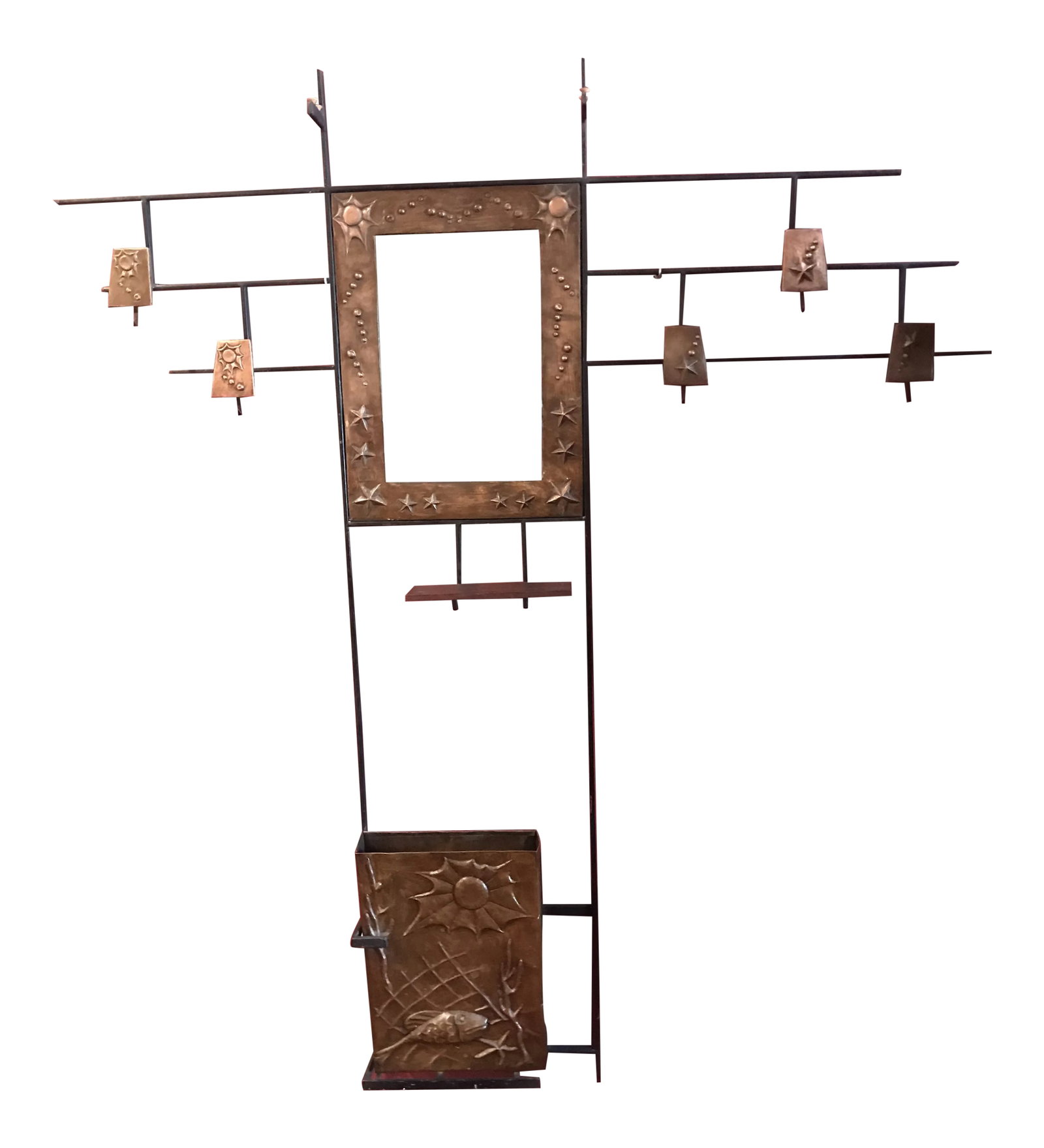 1950s Hall Tree Coat Hat Rack Brutalist Mid Century: Hall tree in iron it should have glass shelve on top. It has a mirror sea theme motif on the reliefs of the copper part. Umbrella cane holder unbranded but reminiscent of jere, Evans or Weinberg Condi