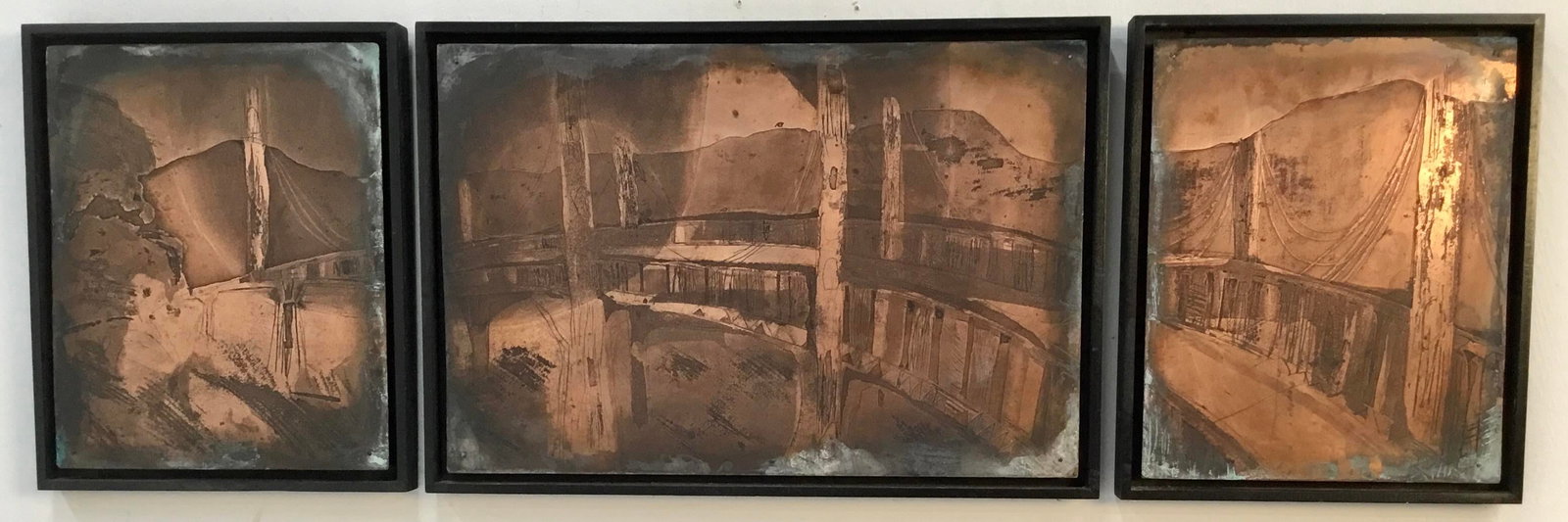 "Golden Gate Bridge " Triptych Custom Framed Vintage Printing Plates - 10