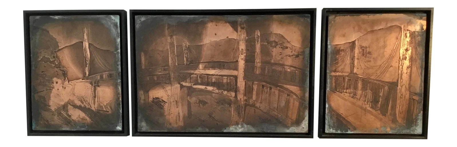 "Golden Gate Bridge " Triptych Custom Framed Vintage Printing Plates: Set of 3 1960s copper printing plates with the image of Golden Gate Bridge . Beautiful patina on copper , professionally made floating solid wood black frames. Central panel is 23.75" x16.5", end pane