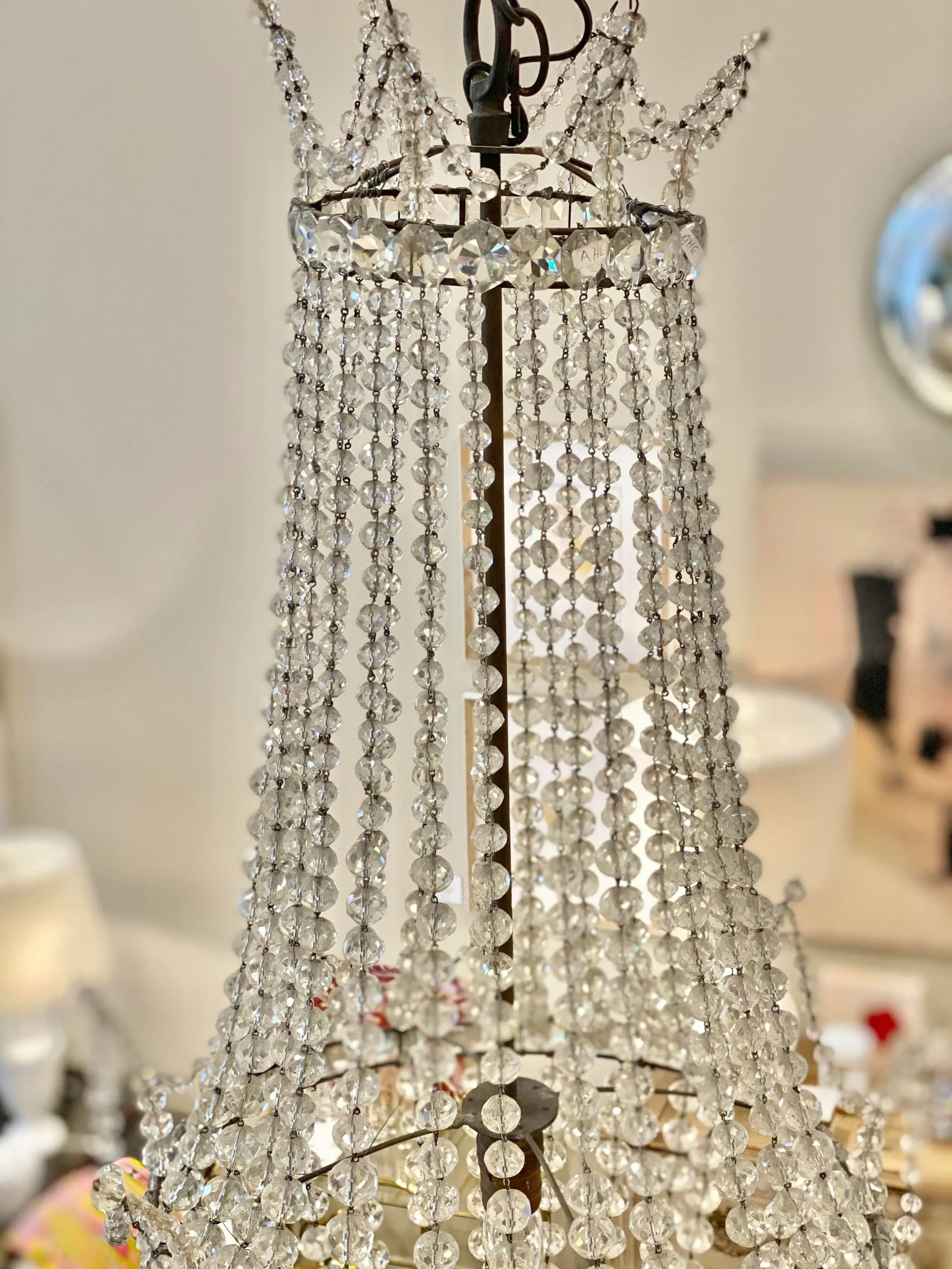 Antique Early 20th Century Beaded Basket Shaped Crystal Chandelier - 10