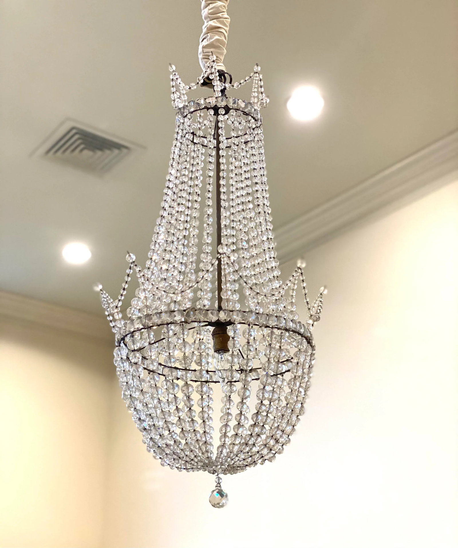 Antique Early 20th Century Beaded Basket Shaped Crystal Chandelier - 11