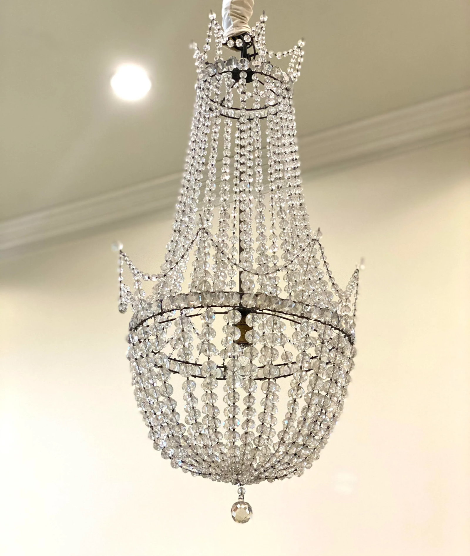 Antique Early 20th Century Beaded Basket Shaped Crystal Chandelier - 3