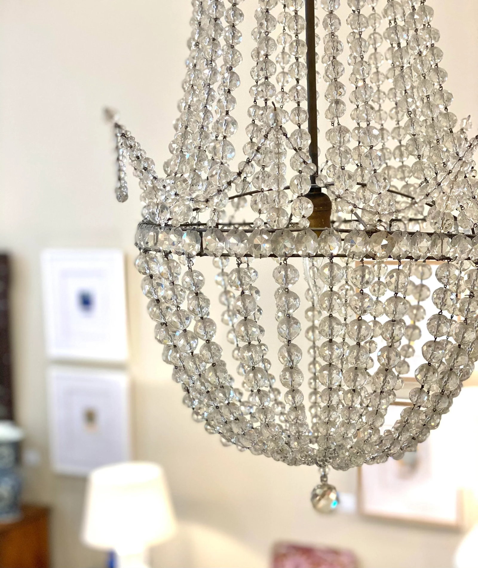 Antique Early 20th Century Beaded Basket Shaped Crystal Chandelier - 6