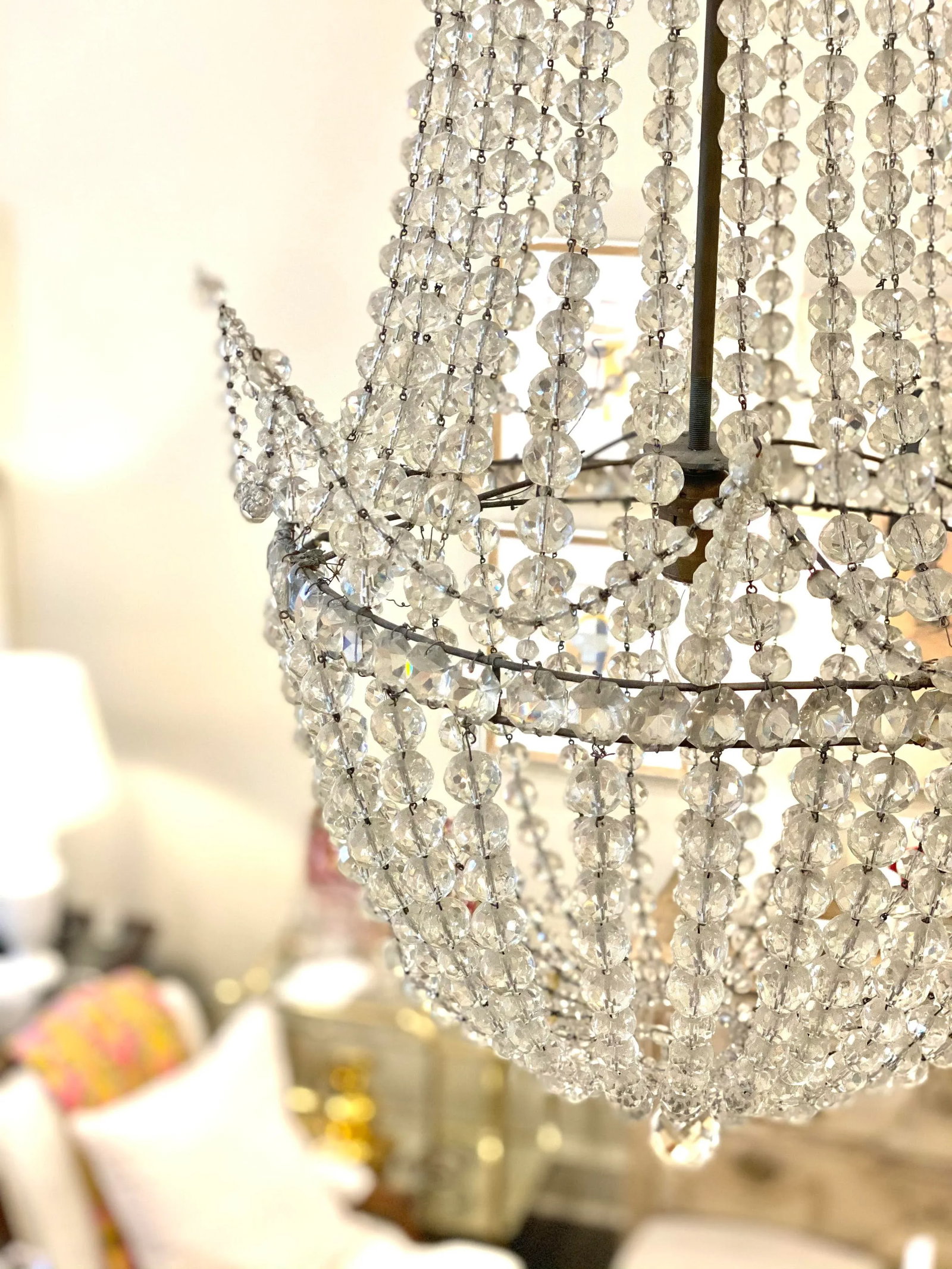 Antique Early 20th Century Beaded Basket Shaped Crystal Chandelier - 7