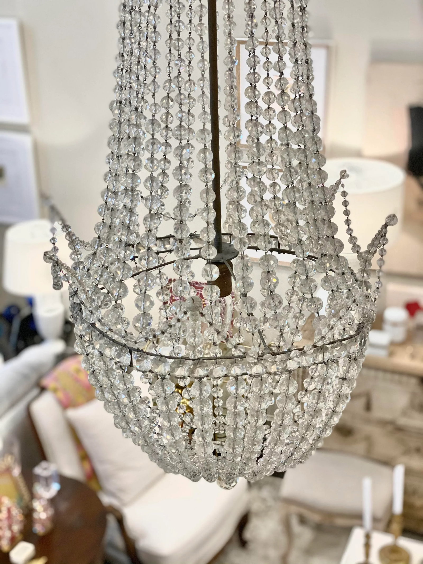 Antique Early 20th Century Beaded Basket Shaped Crystal Chandelier - 8