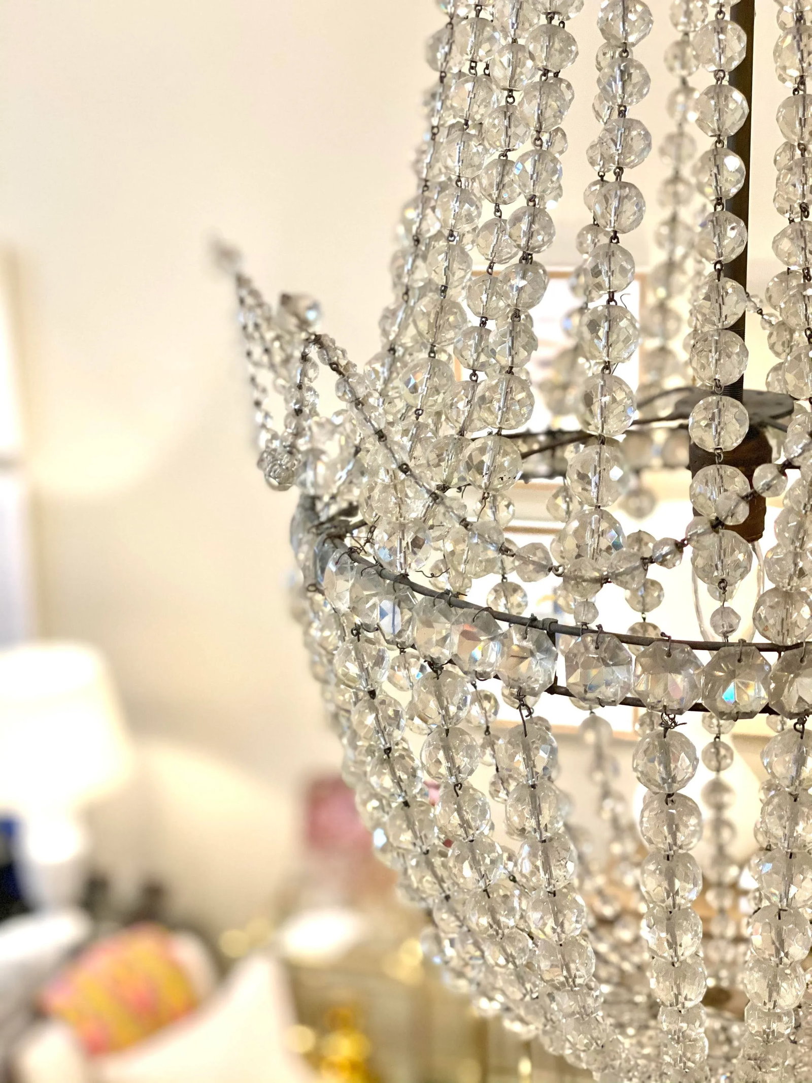 Antique Early 20th Century Beaded Basket Shaped Crystal Chandelier - 9