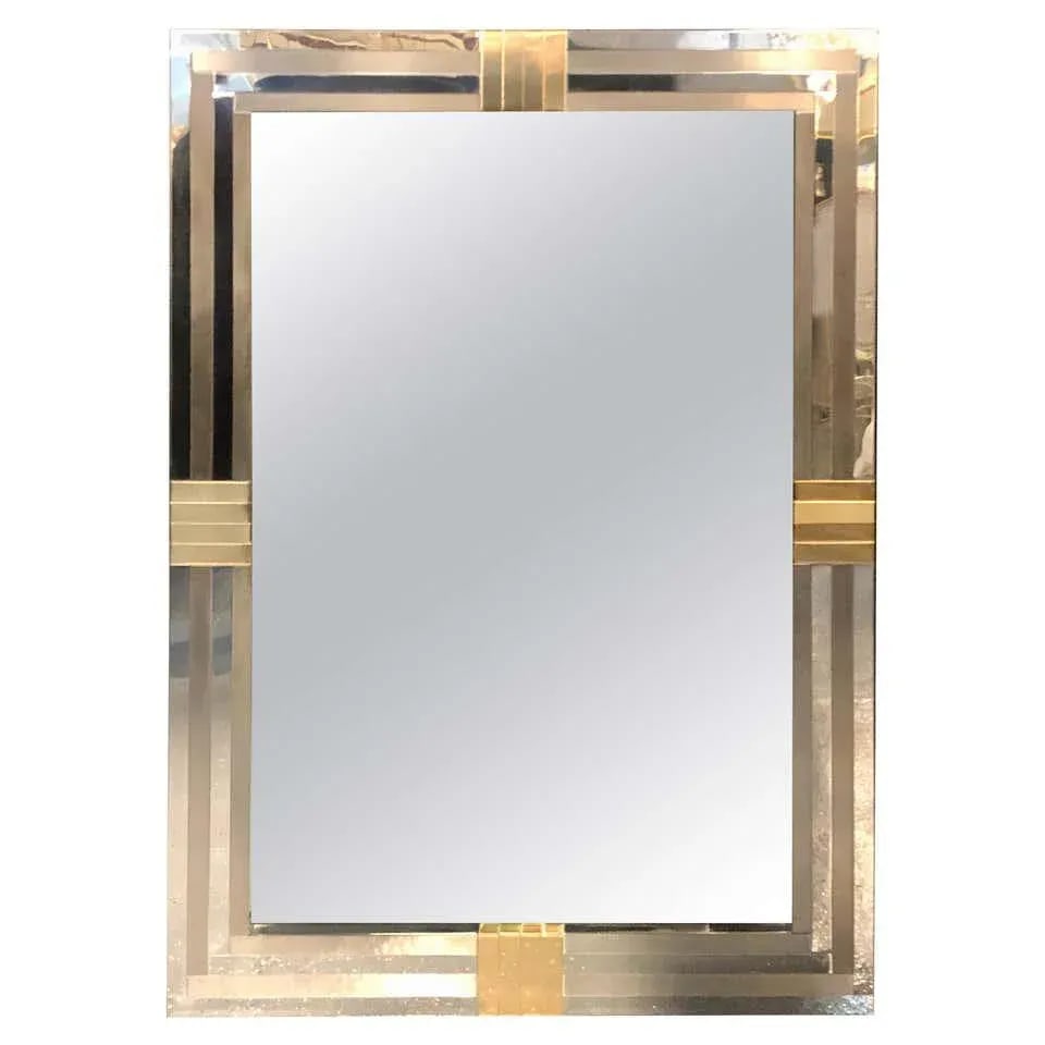 Steel and Brass Hollywood Regency Wall or Console Mirror Manner of Maison Jansen - 13