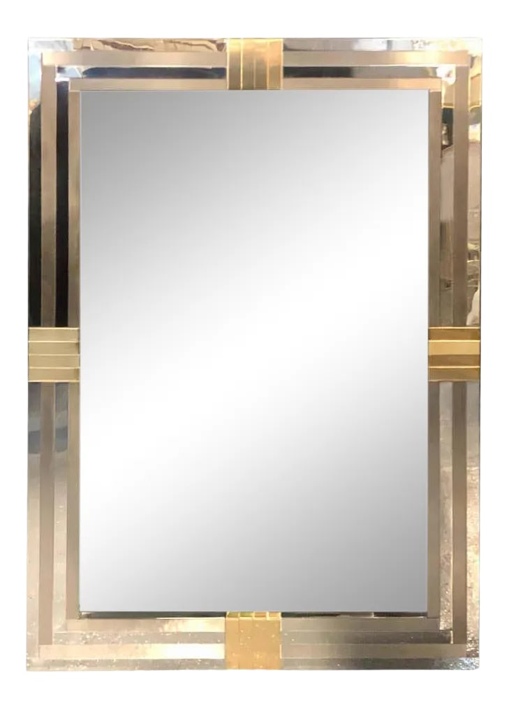 Steel and Brass Hollywood Regency Wall or Console Mirror Manner of Maison Jansen