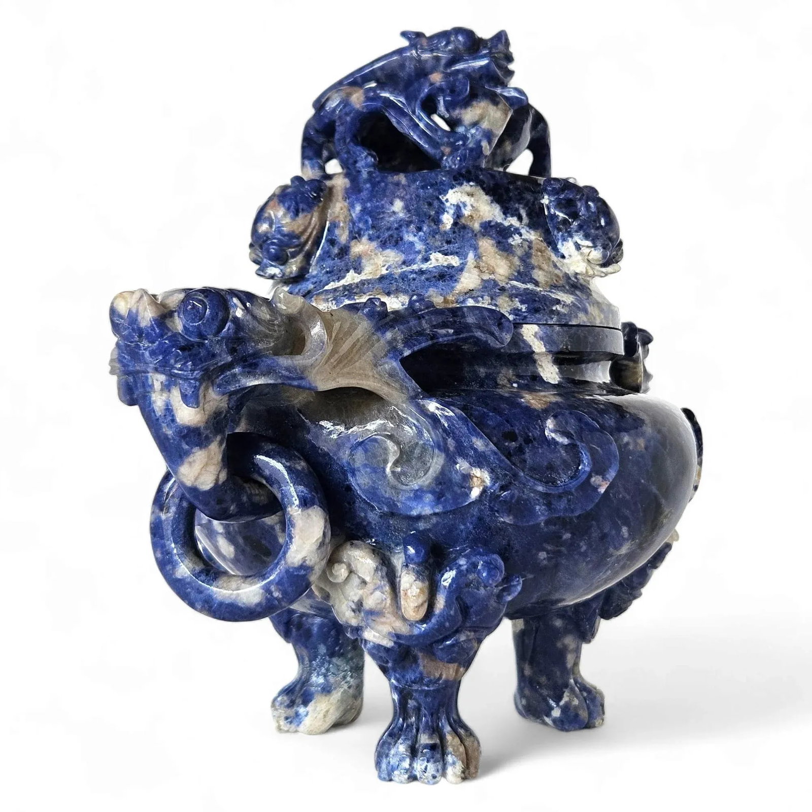 Extremely Rare Early 20th Century Hand-Carved Lapis Lazuli Chinese Dragon Censer - 3