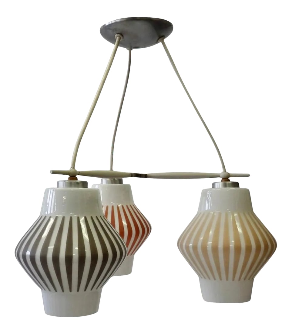 Midcentury Multicolored 3 Globe Hanging Ceiling Light Fixture: Each globe, size: 9 tall x 9 diameter. Condition: Alterations: Unknown Imperfections: Some Imperfections Condition Notes: Wear consistent with age and use. Origin: United States Materials & Te