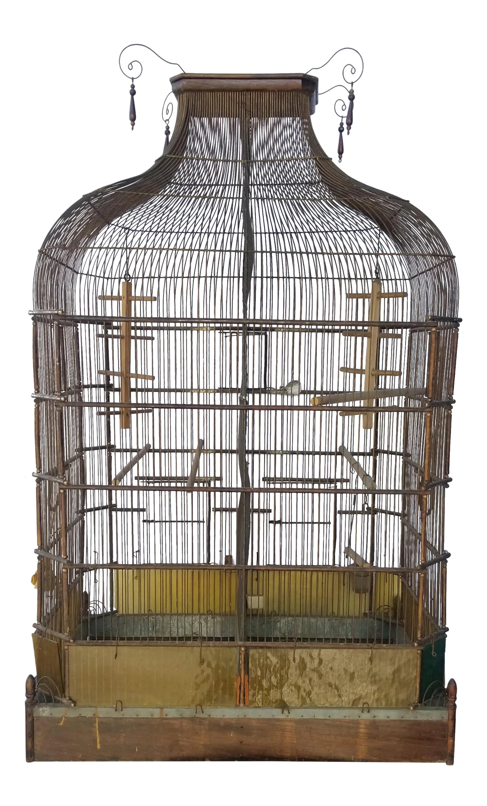 Antique English Victorian Birdcage: France or English Victorian Birdcage - Circa 1860 - Large wood and wire metal birdcage. The cage has two doors and two removable bottom trays for easy cleaning and colored glass inserts. Condition: Al