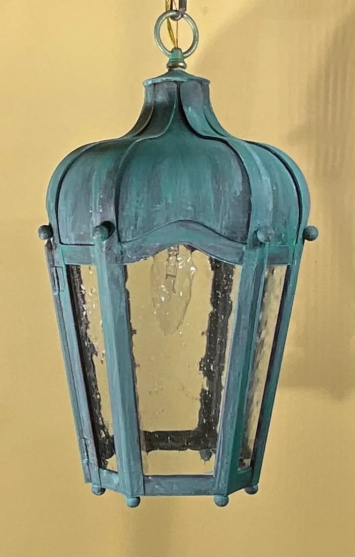 Vintage Solid Brass Hanging Lantern - Patinated Teal Finish - 10