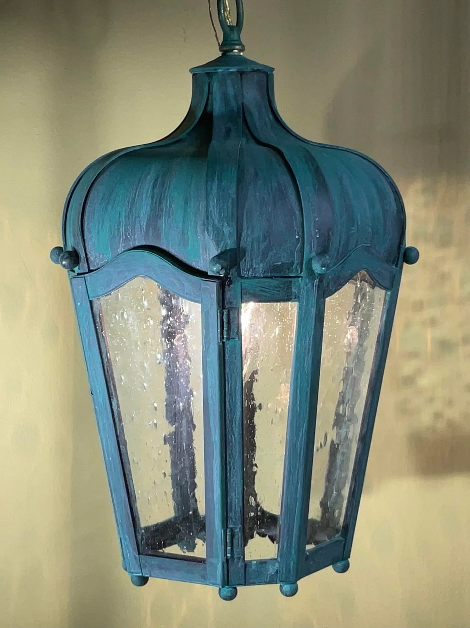 Vintage Solid Brass Hanging Lantern - Patinated Teal Finish - 11