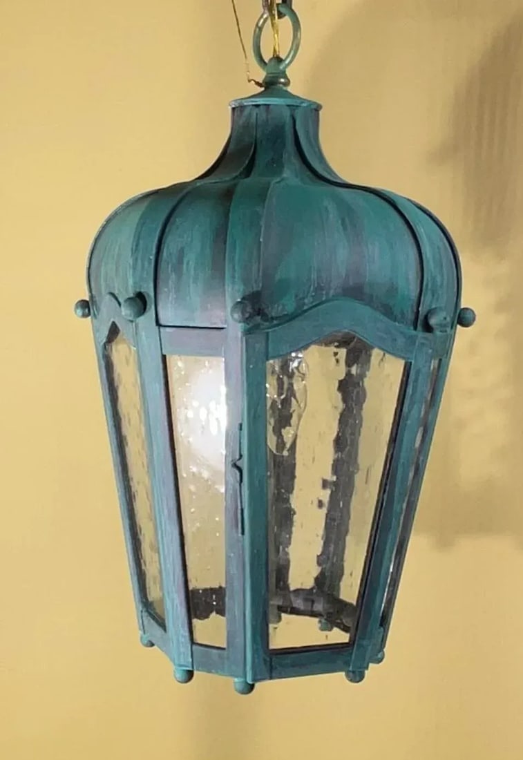 Vintage Solid Brass Hanging Lantern - Patinated Teal Finish - 12