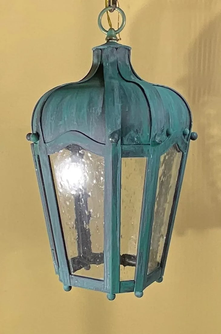 Vintage Solid Brass Hanging Lantern - Patinated Teal Finish - 13