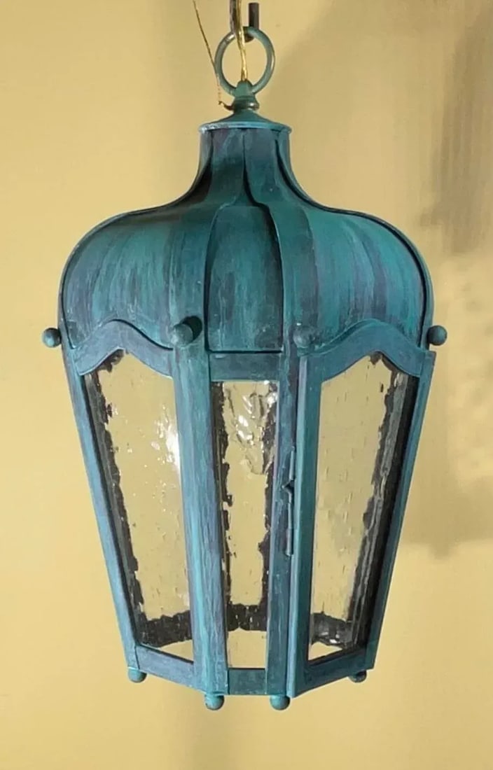 Vintage Solid Brass Hanging Lantern - Patinated Teal Finish - 14