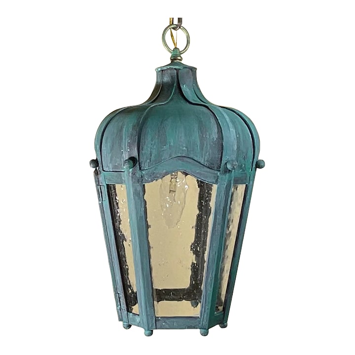 Vintage Solid Brass Hanging Lantern - Patinated Teal Finish