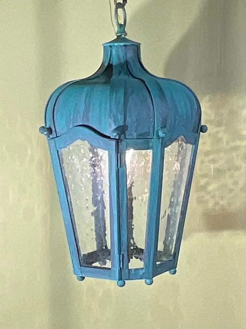 Vintage Solid Brass Hanging Lantern - Patinated Teal Finish - 2
