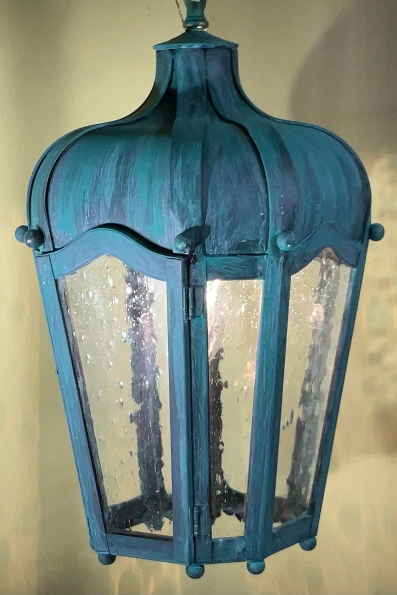 Vintage Solid Brass Hanging Lantern - Patinated Teal Finish - 3