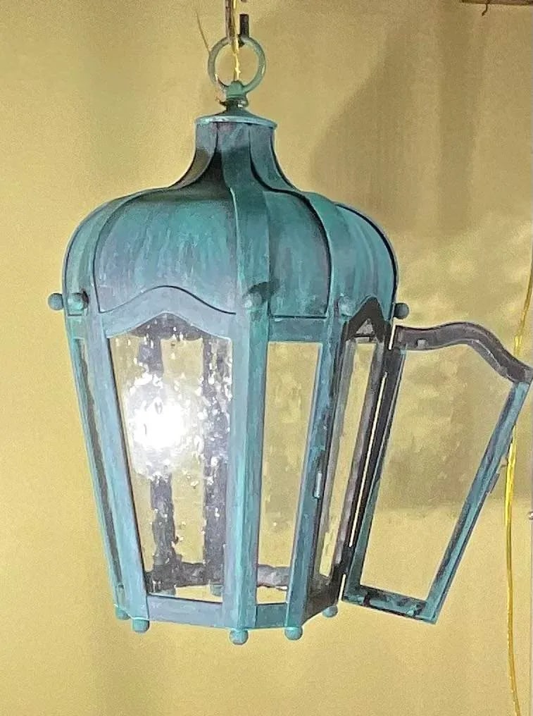 Vintage Solid Brass Hanging Lantern - Patinated Teal Finish - 4