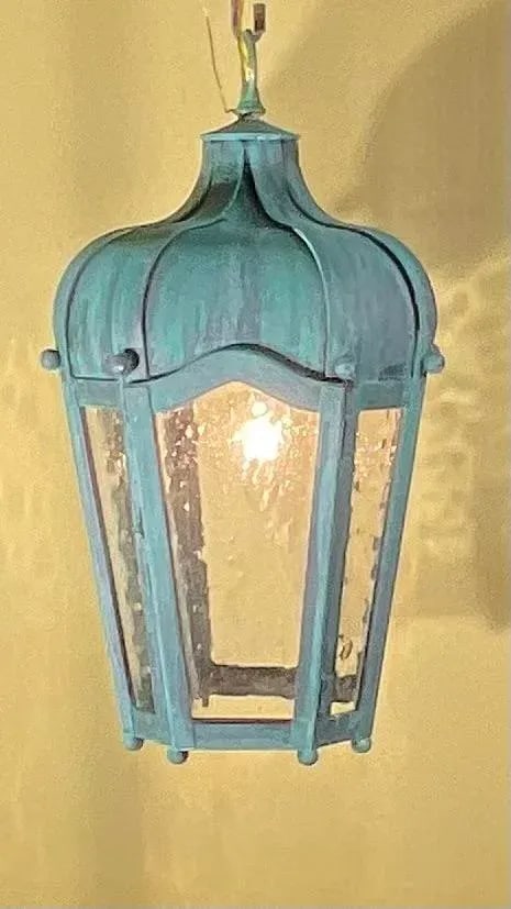 Vintage Solid Brass Hanging Lantern - Patinated Teal Finish - 5