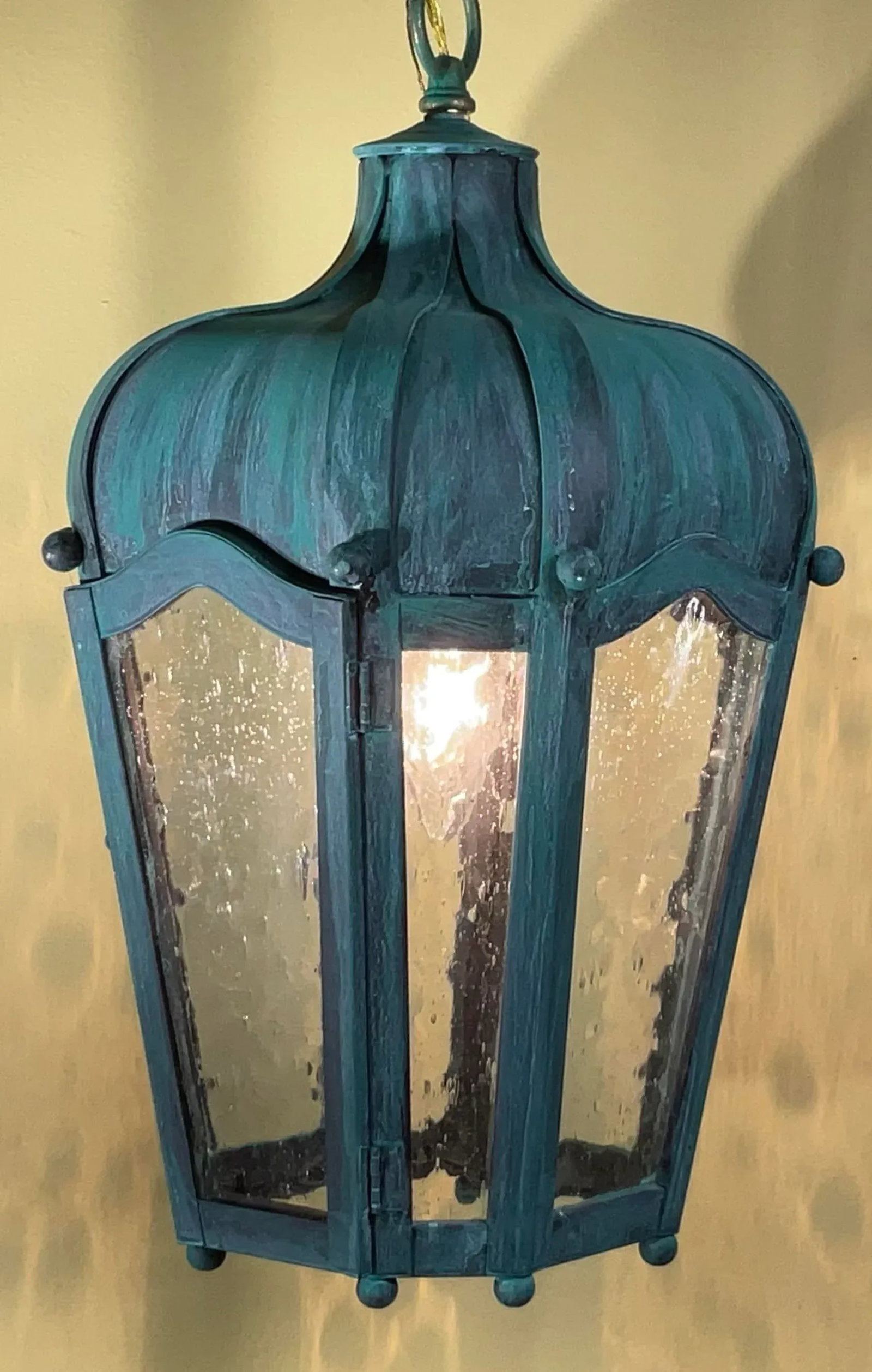 Vintage Solid Brass Hanging Lantern - Patinated Teal Finish - 6