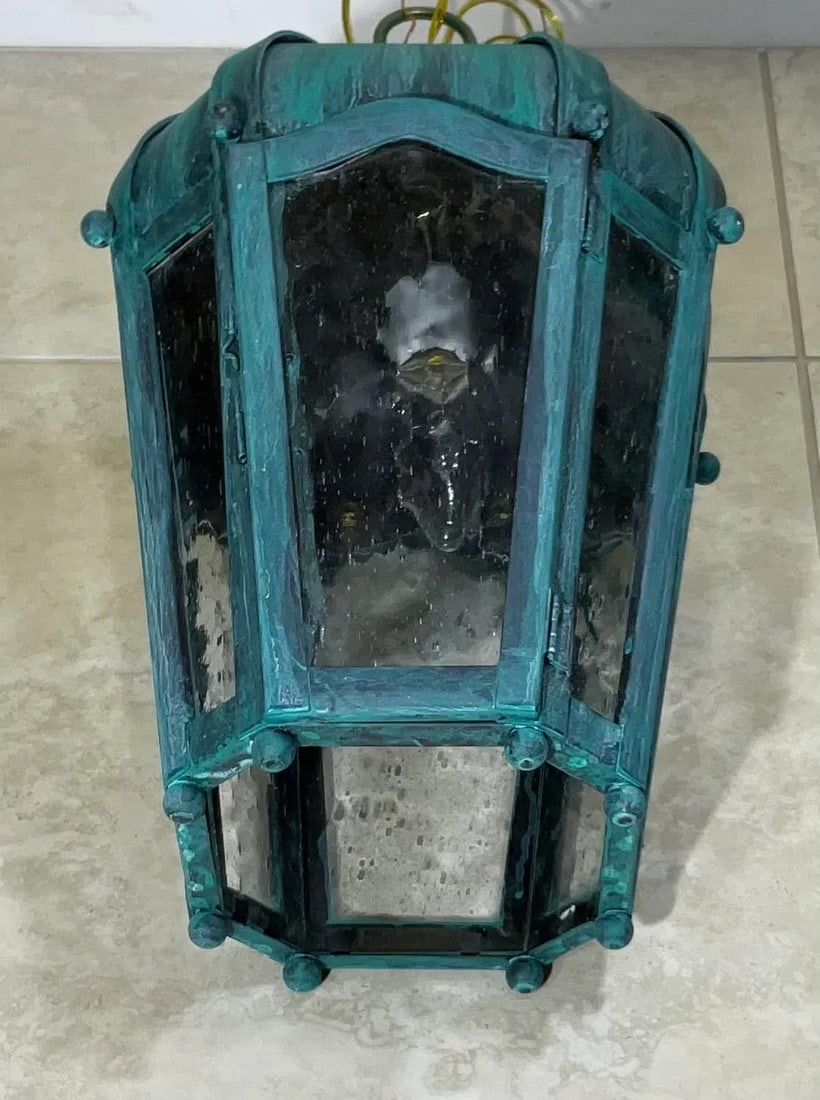 Vintage Solid Brass Hanging Lantern - Patinated Teal Finish - 7