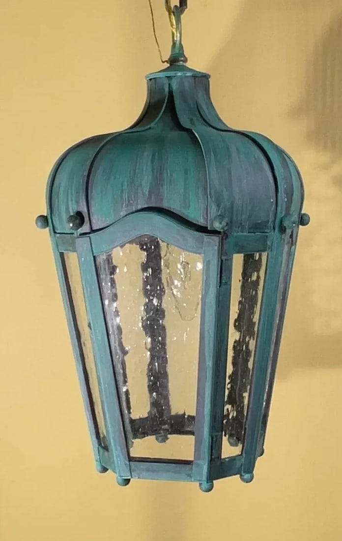 Vintage Solid Brass Hanging Lantern - Patinated Teal Finish - 8