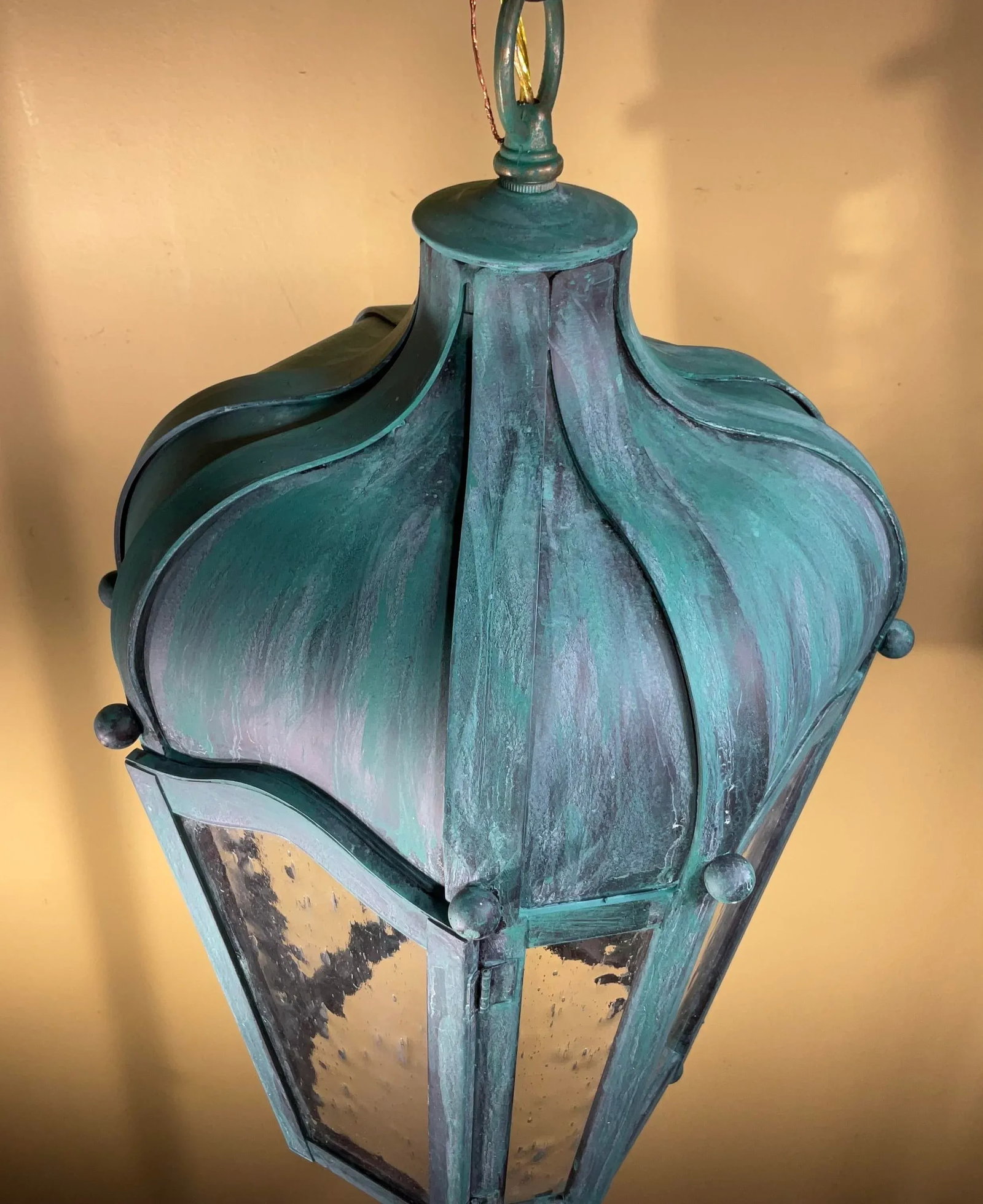 Vintage Solid Brass Hanging Lantern - Patinated Teal Finish - 9