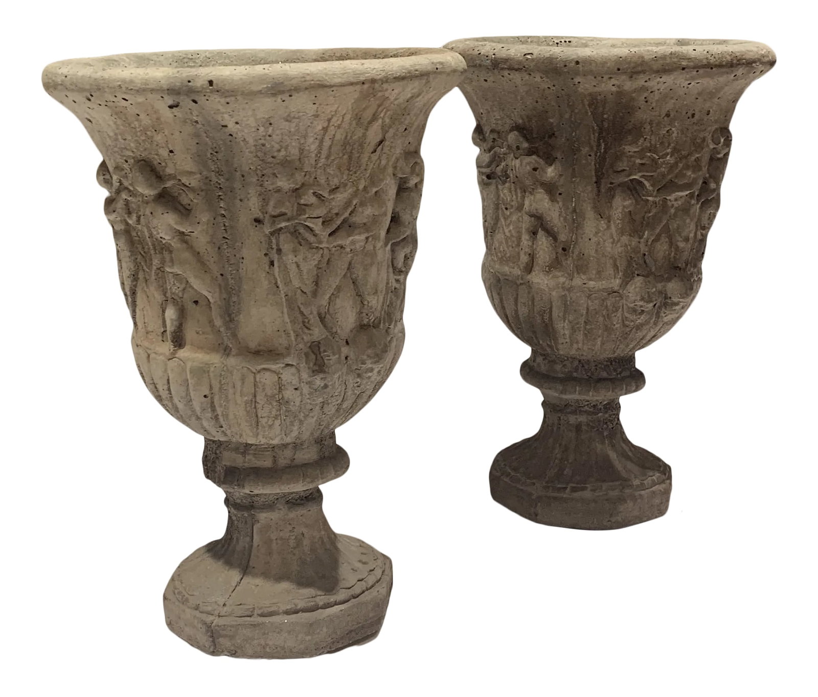 Antique Cast Stone Garden Urns - a Pair: This is a lovely pair of Neoclassical Cast Stone Garden Urns. Condition: Alterations: Original Condition Unaltered Imperfections: Some Imperfections Condition Notes: Although these Urns were in a Gard