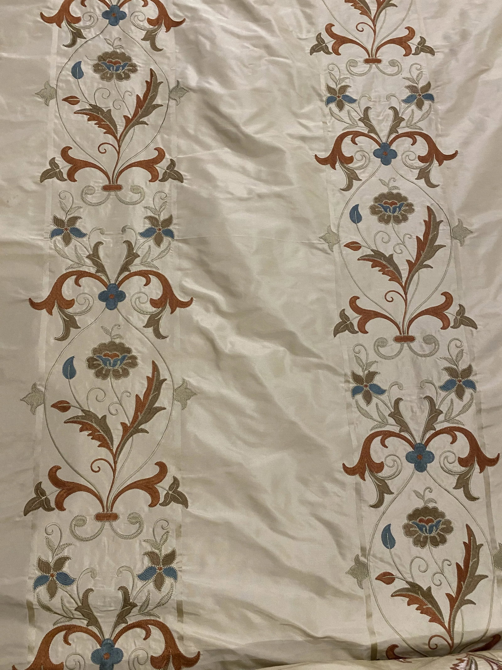 Cowtan & Tout's "Elizabethan Stripe" Silk Embroidered Fabric - 13 Yard: Cowtan & Tout's "Elizabethan Stripe" in Terra and Sand. Silk fabric with breathtaking floral stripe embroidery in rust, turquois and celery. 57" wide fabric has a 15" vertical and 27 3/4" horizontal r