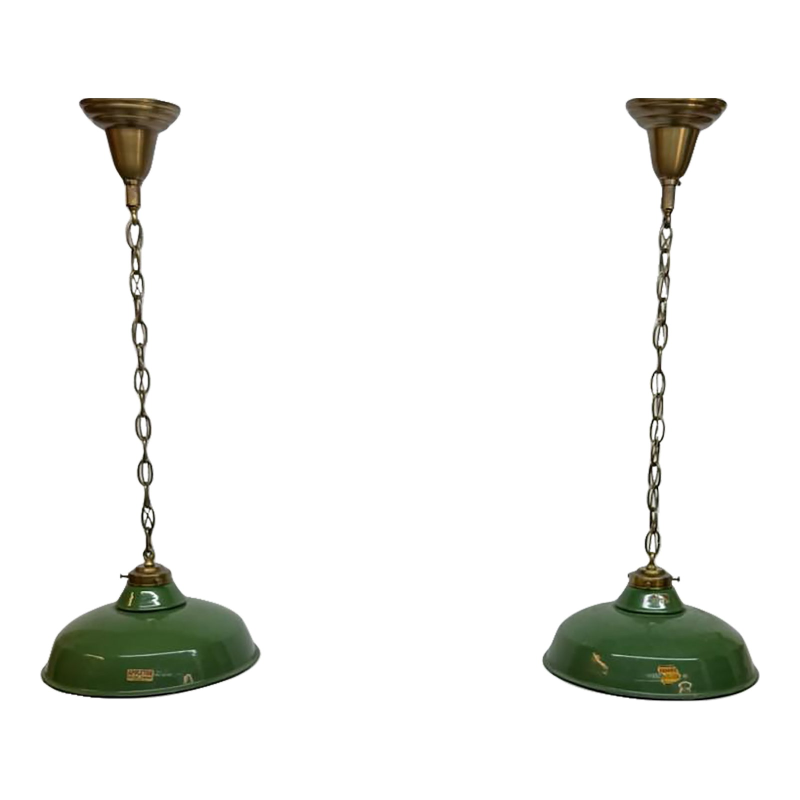 Vintage Pair of Enameled Green Pendants.: Industrial Enameled Pendant Pair. Goodrich and Appleton Electric Company Shades. Condition: Alterations: Restored Imperfections: Some Imperfections Condition Notes: Wear consistent with age. New