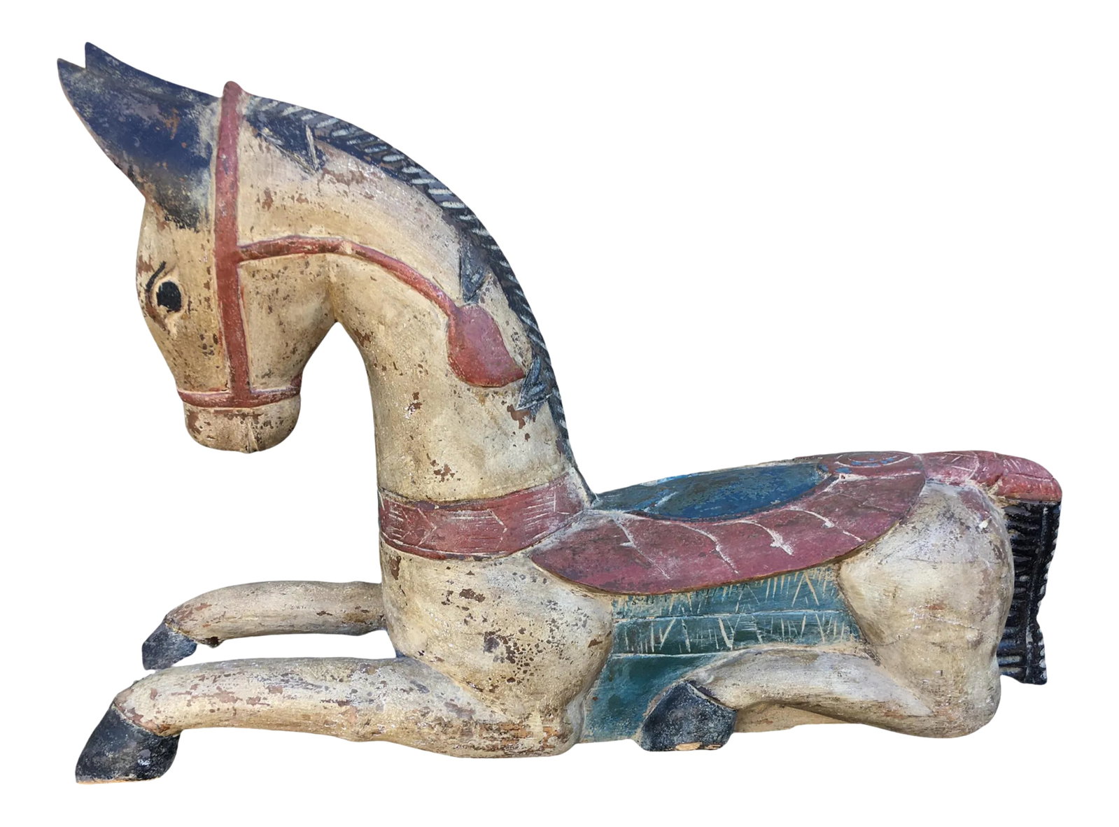 Antique Indian / Rajasthani Hand Carved Wooden Horse: Beautiful and rare antique hand carved and hand painted Rajasthani wooden horse. Just noticeable signs of age with attractive wear to the painted body. Features colors of coral, turquoise and