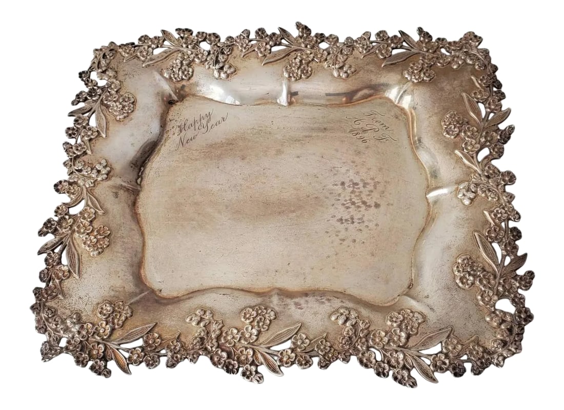 19th Century Redlich & Co Sterling Silver Tray: An exquisite antique decorative sterling silver tray with heavy repose flower and leaf pierced openwork motif by Redlich & Co. New York, NY. Engraved "Happy New Year" "From APF 1896" A stunning exampl
