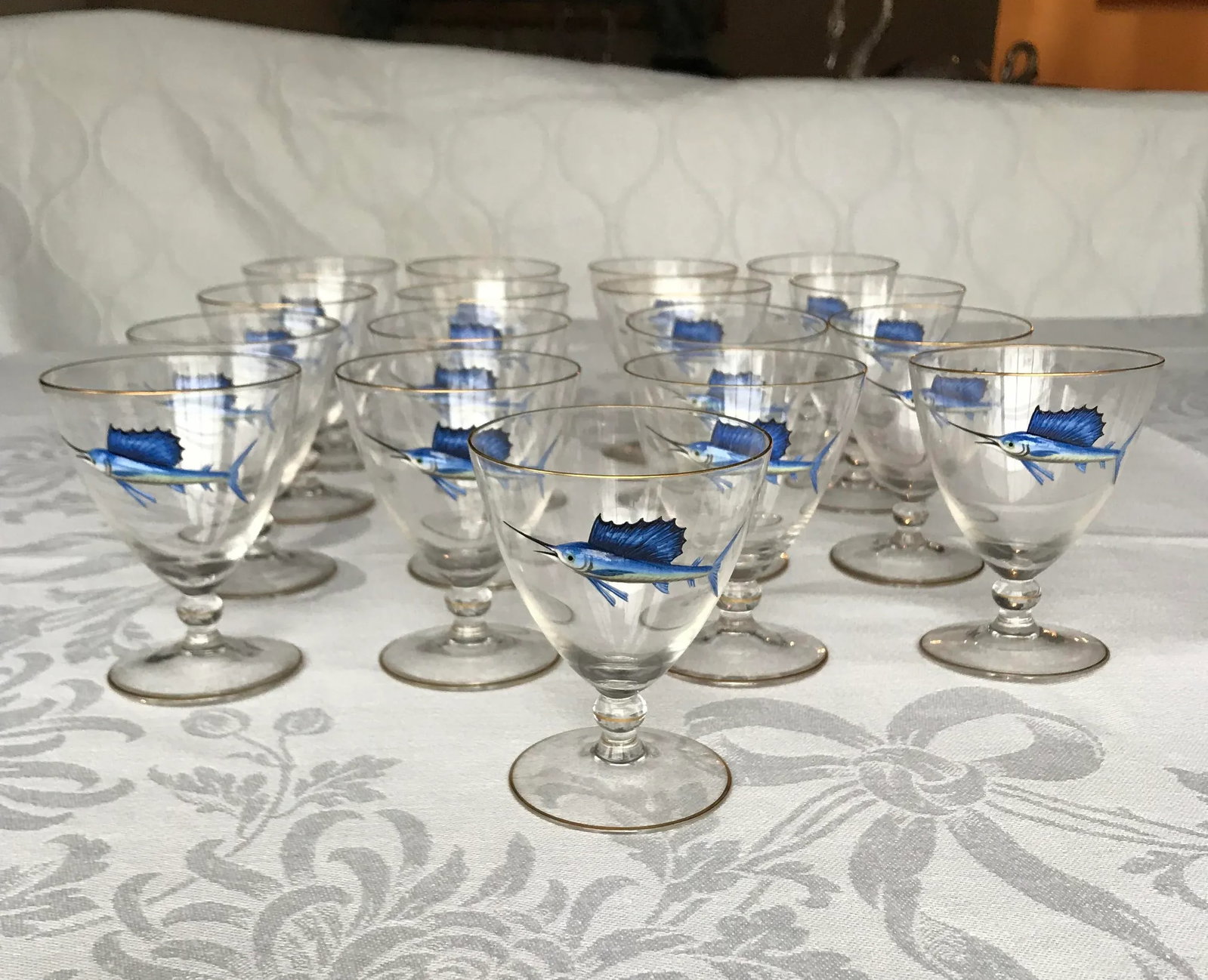 Early 20th Century Bohemian Crystal and Enamel Swordfish Cocktail Gasses - Set of 17 - 13