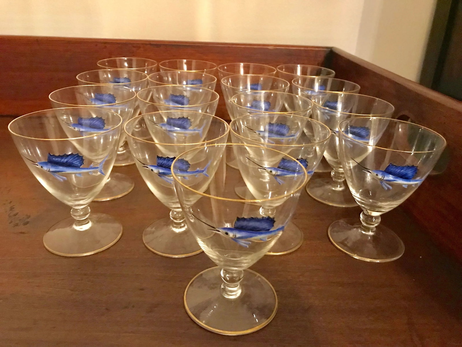 Early 20th Century Bohemian Crystal and Enamel Swordfish Cocktail Gasses - Set of 17 - 2