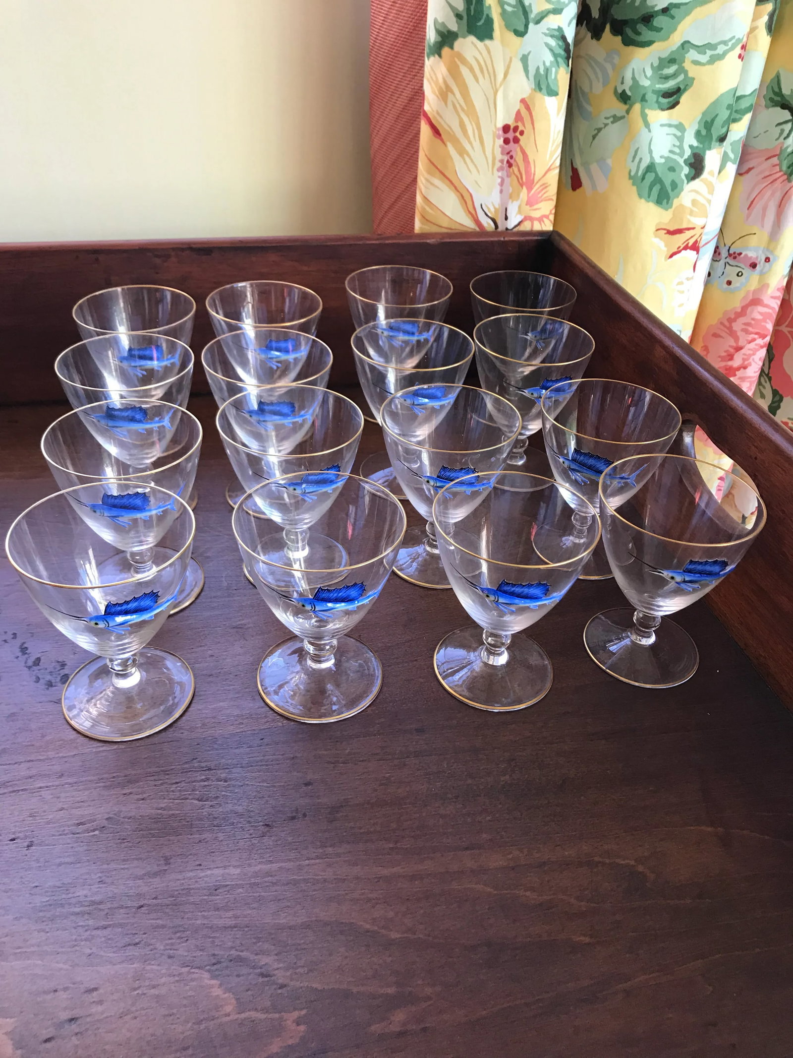 Early 20th Century Bohemian Crystal and Enamel Swordfish Cocktail Gasses - Set of 17 - 4