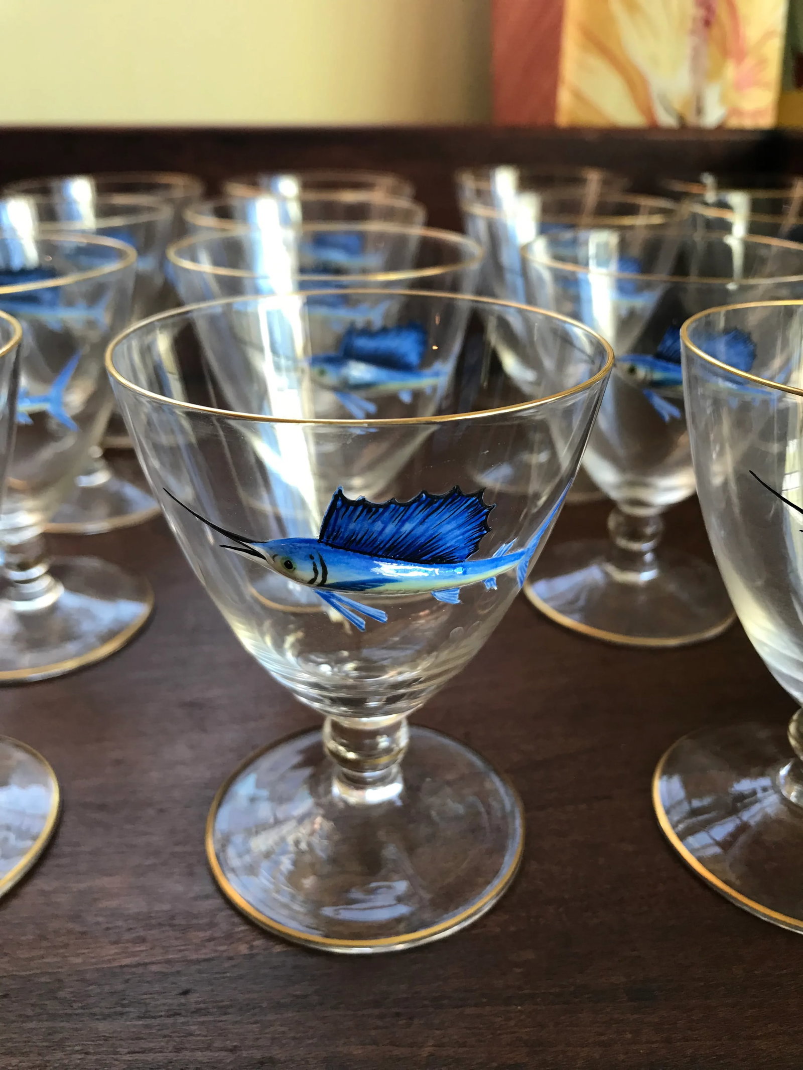 Early 20th Century Bohemian Crystal and Enamel Swordfish Cocktail Gasses - Set of 17 - 6