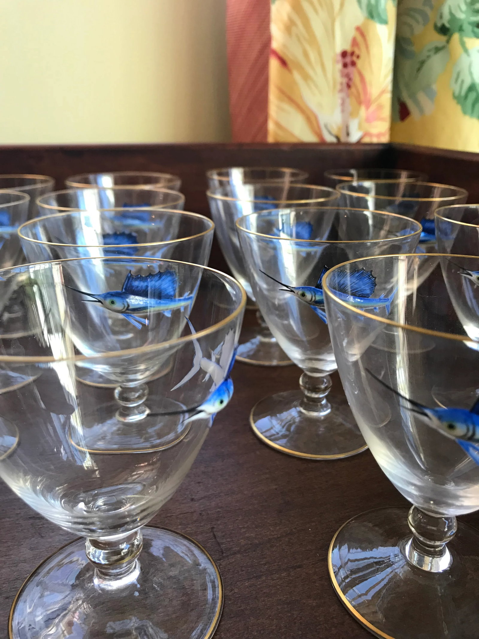 Early 20th Century Bohemian Crystal and Enamel Swordfish Cocktail Gasses - Set of 17 - 7