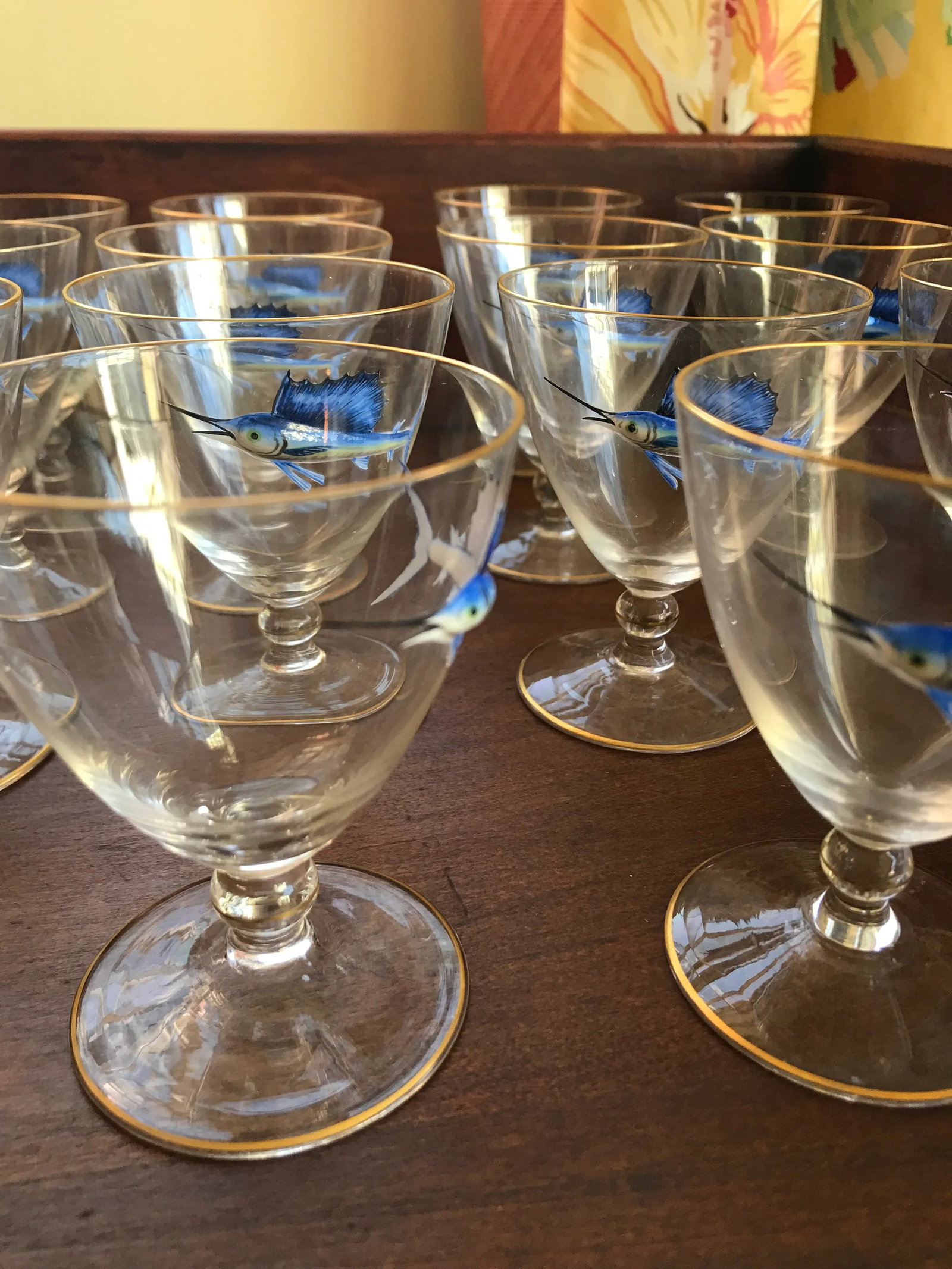 Early 20th Century Bohemian Crystal and Enamel Swordfish Cocktail Gasses - Set of 17 - 8