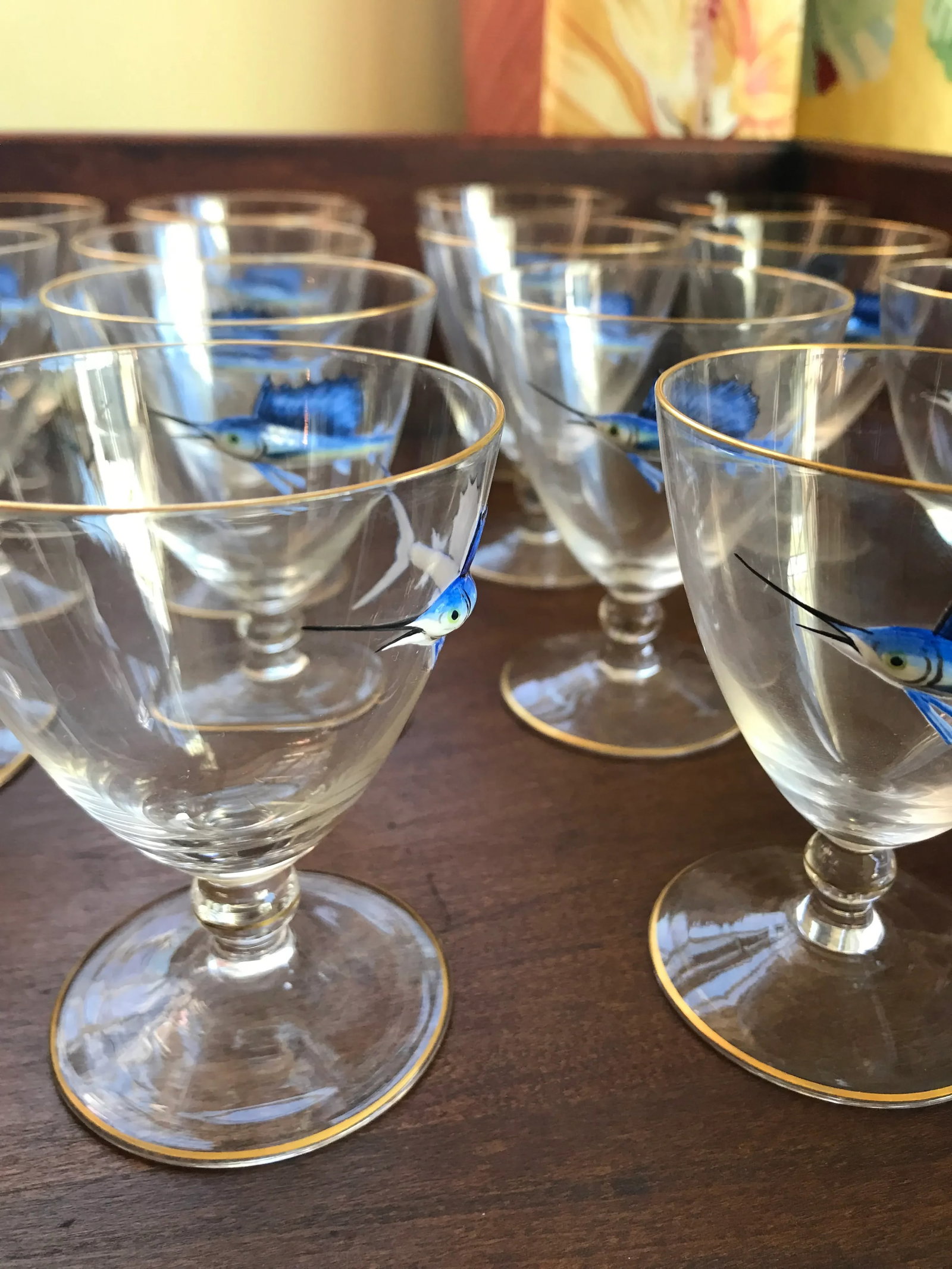 Early 20th Century Bohemian Crystal and Enamel Swordfish Cocktail Gasses - Set of 17 - 9